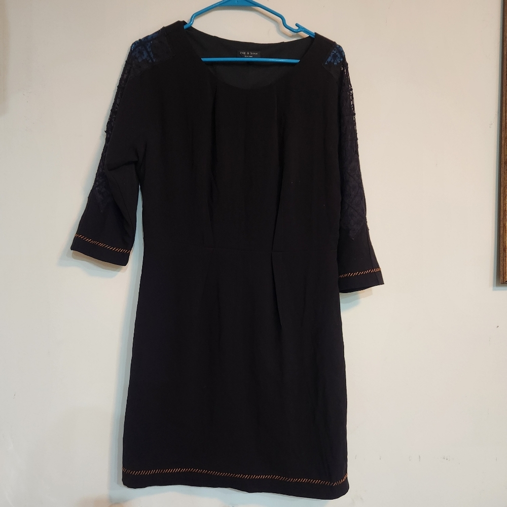 Rag & Bone 3/4 Lace Detail Sleeve Black Dress Orange/brown Stitch Trim Size M